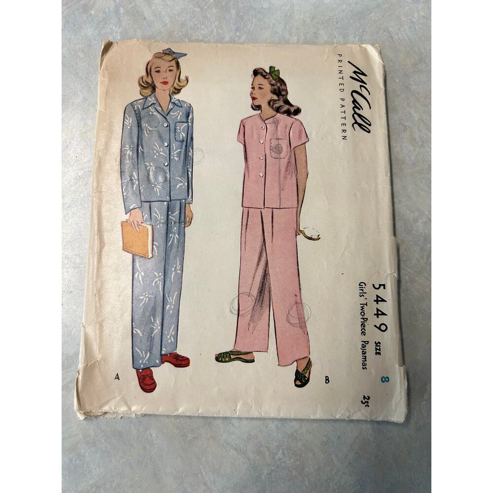 Vintage 1940's McCall Pattern #5449 Girls Two Piece Pajamas Size 8